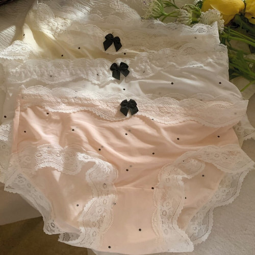 2条装！法式复古风纯欲蕾丝边少女冰丝内裤女纯棉裆蝴蝶结三角裤