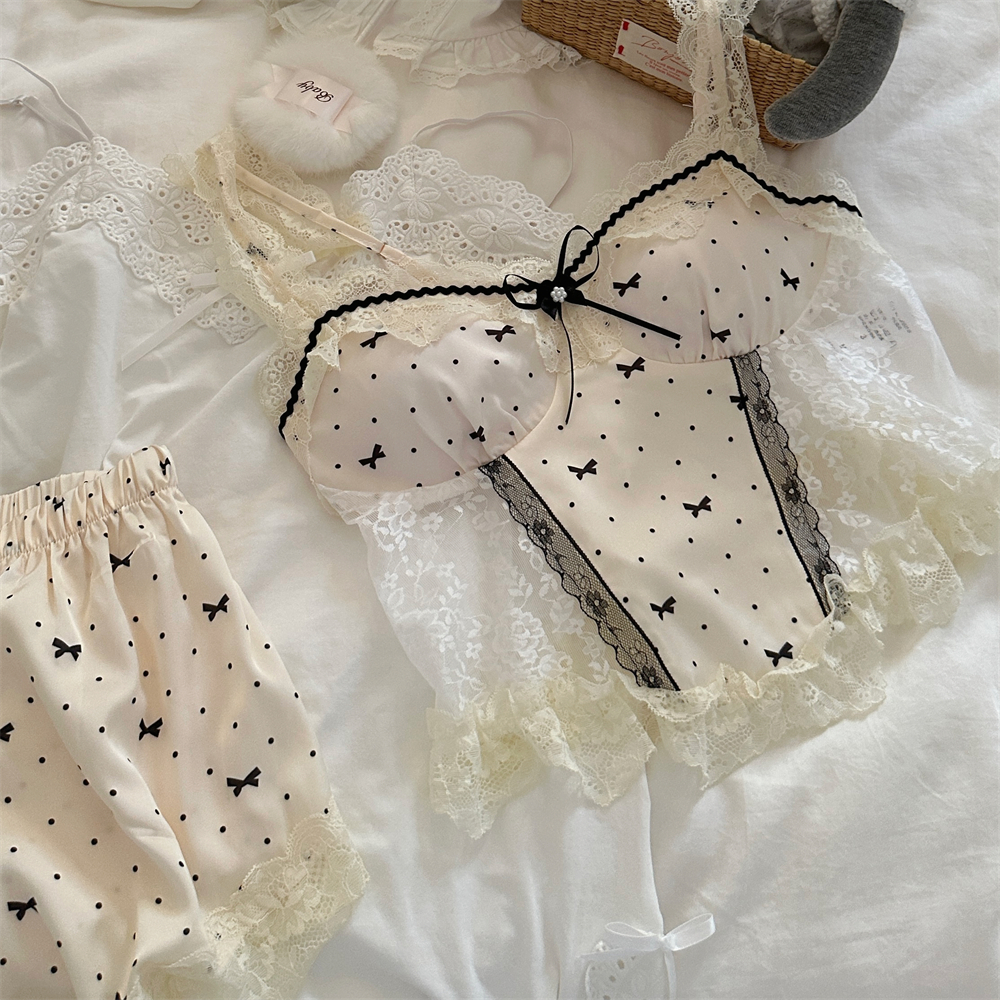 夏日薄款氛围蝴蝶结蕾丝带胸垫精致蕾丝拼接冰丝清爽睡衣家居服
