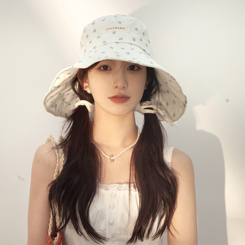 韩国潮牌防晒帽女夏季粉色甜美小碎花大檐渔夫帽显脸小遮阳帽子潮