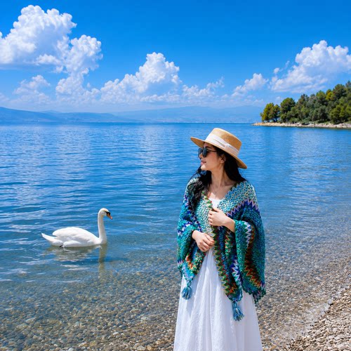 夏季民族风针织流苏披肩斗篷女