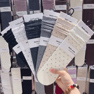 3双包邮XINLU无骨波点花边袜子女中筒袜圆点泡泡口加跟堆堆袜1696