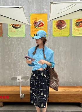 欧洲站2026夏款欧货韩货时尚潮牌休闲蓝色圆领垫肩款短袖T