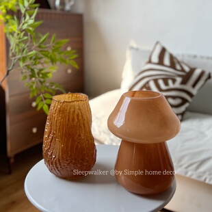 姜糖主义｜焦糖色玻璃花瓶 新中式摆件 玫瑰百合花瓶装饰品