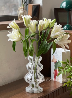 虞美人｜ins风玻璃花瓶白色线条客厅水培插花器桌面装饰摆件