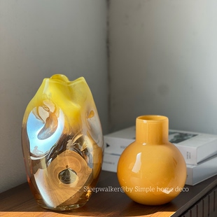 样板房桌面装 饰品干花容器 现代简约玻璃花瓶北欧亮黄色软装 明兰