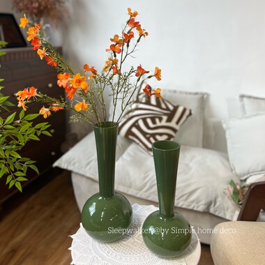 复古雅韵｜轻奢高级感复古绿色长颈花瓶玄关玻璃摆件蝴蝶兰插花器