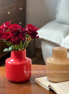 追梦｜北欧风红色玻璃花瓶高级感插花瓶家居装饰摆件
