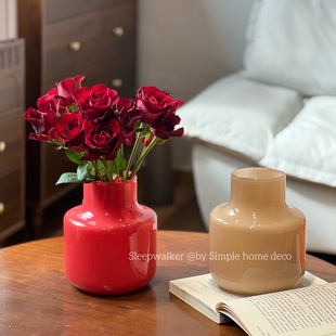 追梦｜北欧风红色玻璃花瓶高级感插花瓶家居装饰摆件
