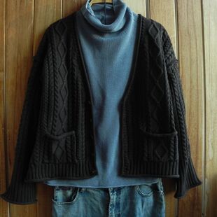 复古 纯棉V领短款宽松毛衣 加厚 棉线针织毛衣外套 厚实开衫 女