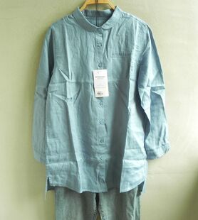纯亚麻小圆领中长款宽松衬衫 休闲纯色纯麻衬衣 侧插兜 前短后长