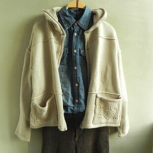 新款 纯棉线短款宽松戴帽开身毛衣 厚实  棉线短外套 不起球