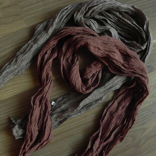 文艺 纯麻窄长围巾 亚麻围巾 皱褶围巾 窄长 纯色长围巾