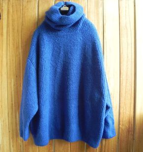 厚实针织衫 欧美 宽松堆堆领毛衣 加厚棉毛长款 宝蓝色毛衣 大码