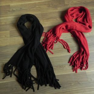 红色 厚实披肩 柔软棉毛保暖长流苏黑色针织围巾 欧美风 头巾