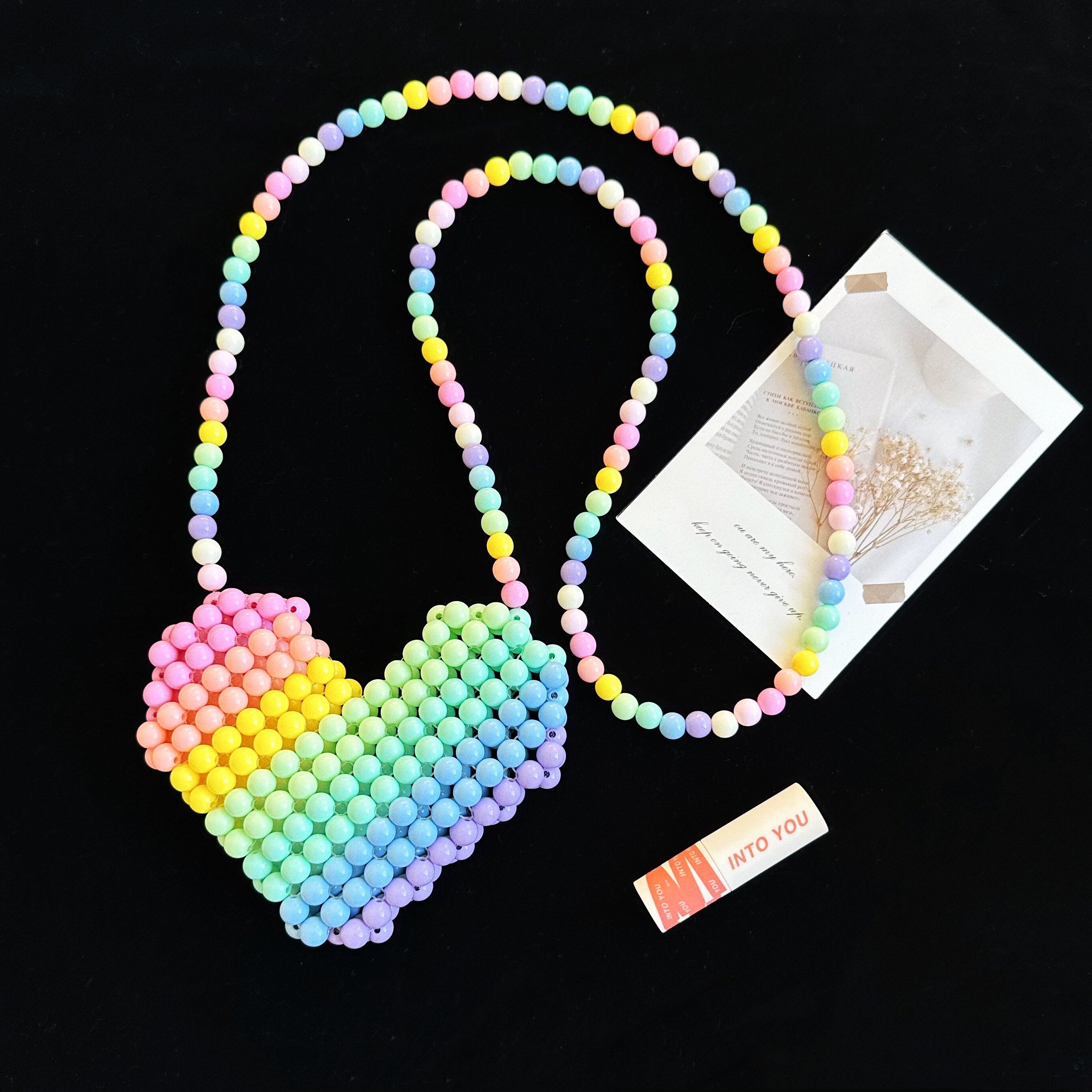 珍珠爱心串珠diy七彩桃心单肩斜挎包女包手工编织女童材料包礼物