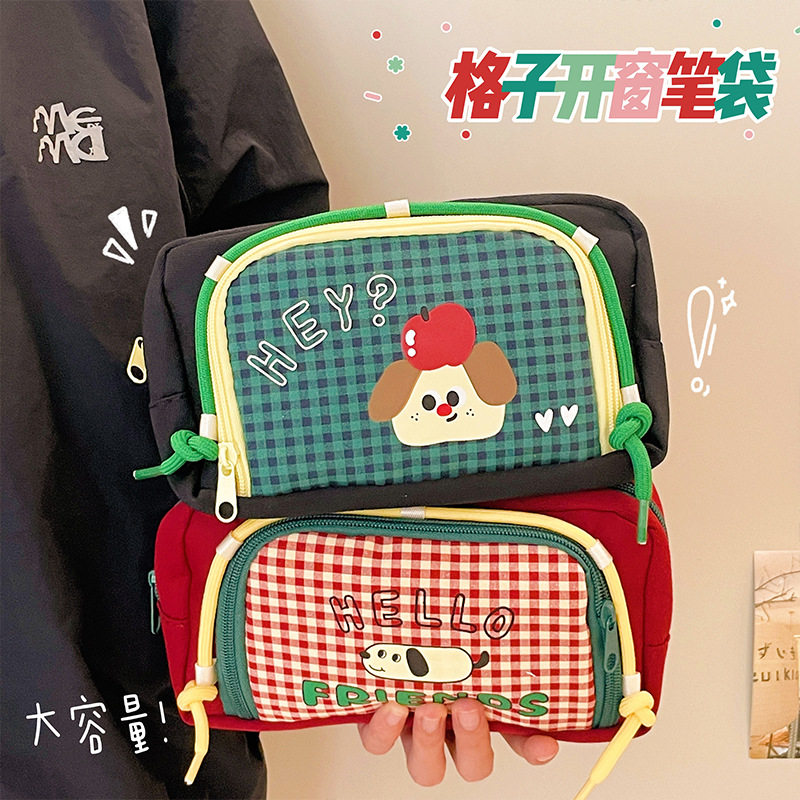可爱高颜值笔袋大容量复古格子开窗分层收纳文具盒学生耐脏
