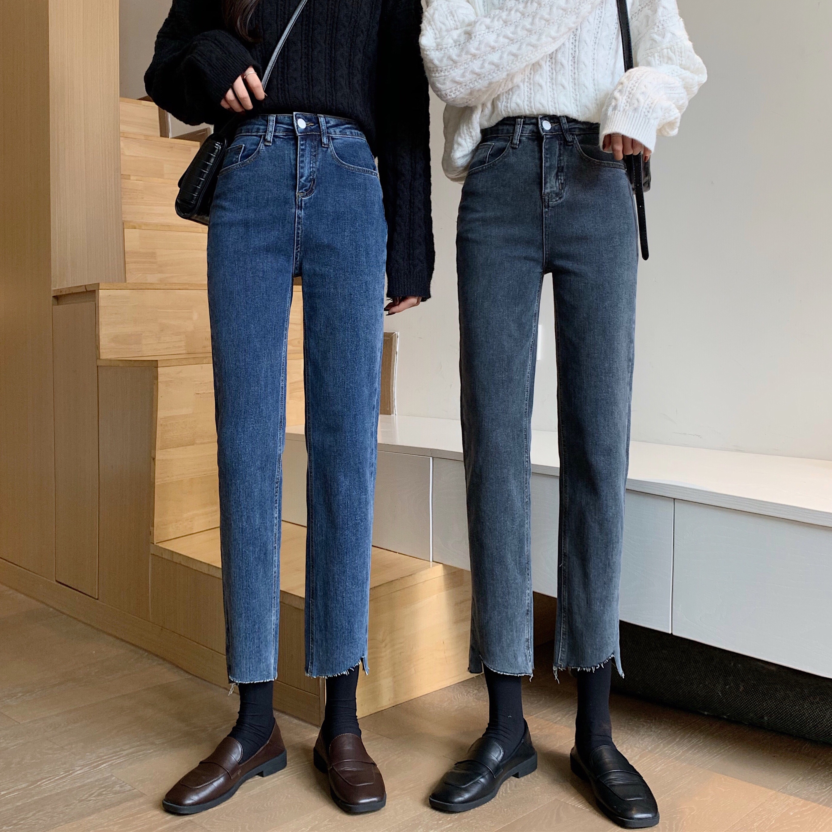 Real price high waisted elastic slim fit straight fit jeans