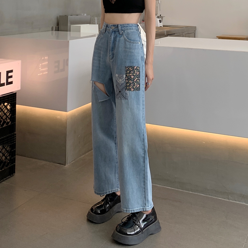 New loose wide leg straight tube decorative jeans