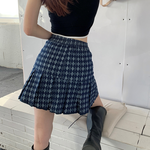 Real price elastic waist diamond slim fit pleated denim skirt