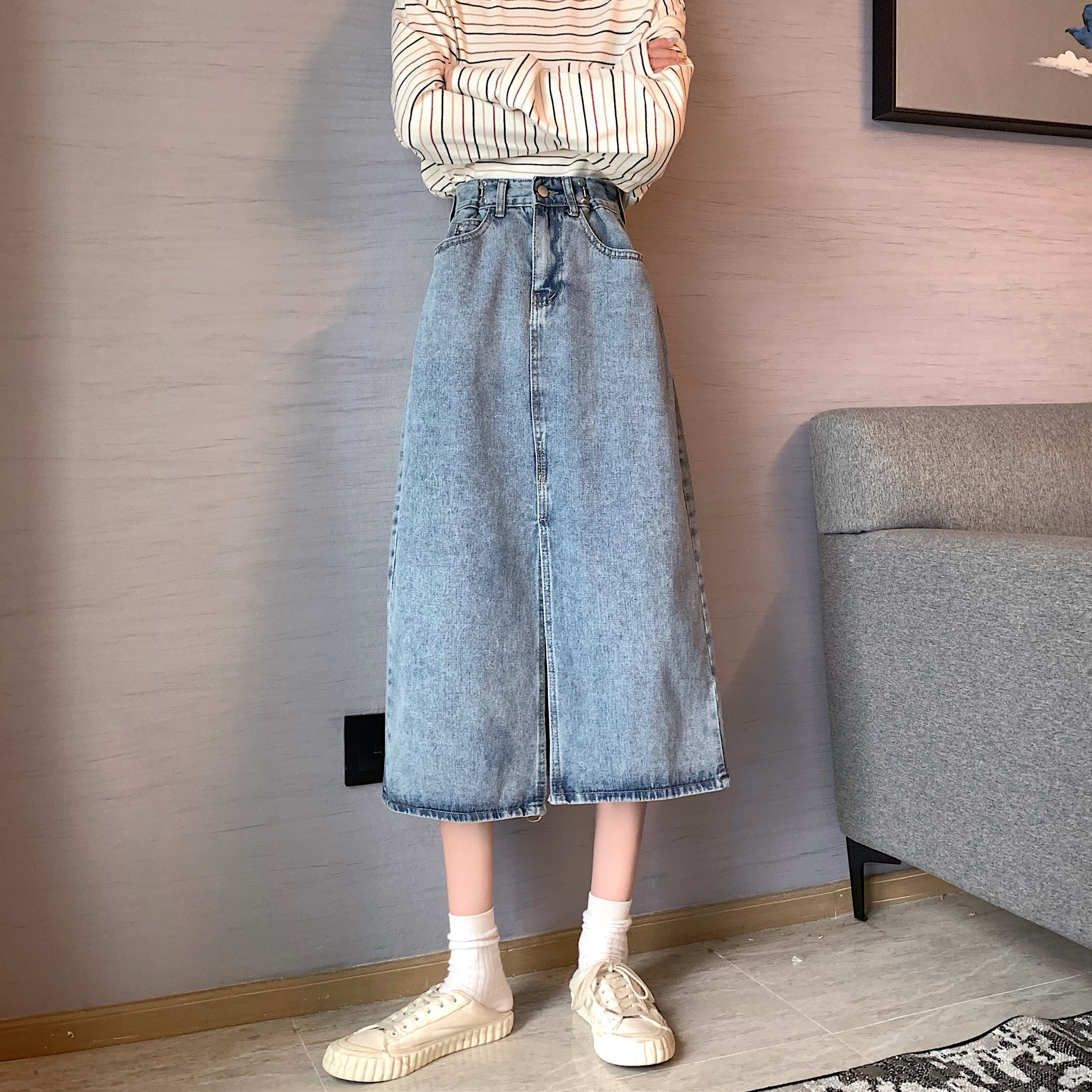 Real price high waist adjustable loose straight length versatile denim skirt