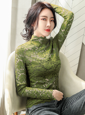 2020年新款蕾丝网纱打底衫女春秋季百搭黑色小衫洋气内搭性感上衣