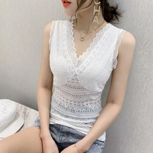 2025春秋新款修身无袖蕾丝打底衫女性感内搭V领吊带上衣镂空背心