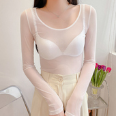 超薄冰丝防晒网纱打底衫 女夏蕾丝内搭黑色长袖 透明薄纱衣低领上衣