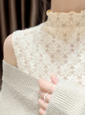 磨毛蕾丝假领子百搭女高档半高领背心打底衫秋冬配毛衣内搭木耳边
