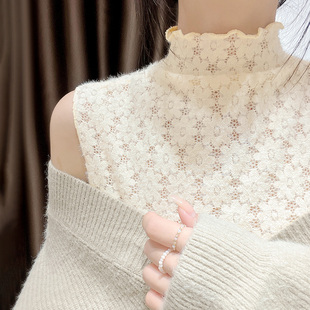 磨毛蕾丝假领子百搭女高档半高领背心打底衫秋冬配毛衣内搭木耳边