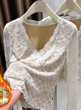 2025新款秋冬花边V领加绒加厚蕾丝打底衫女保暖内搭修身长袖上衣