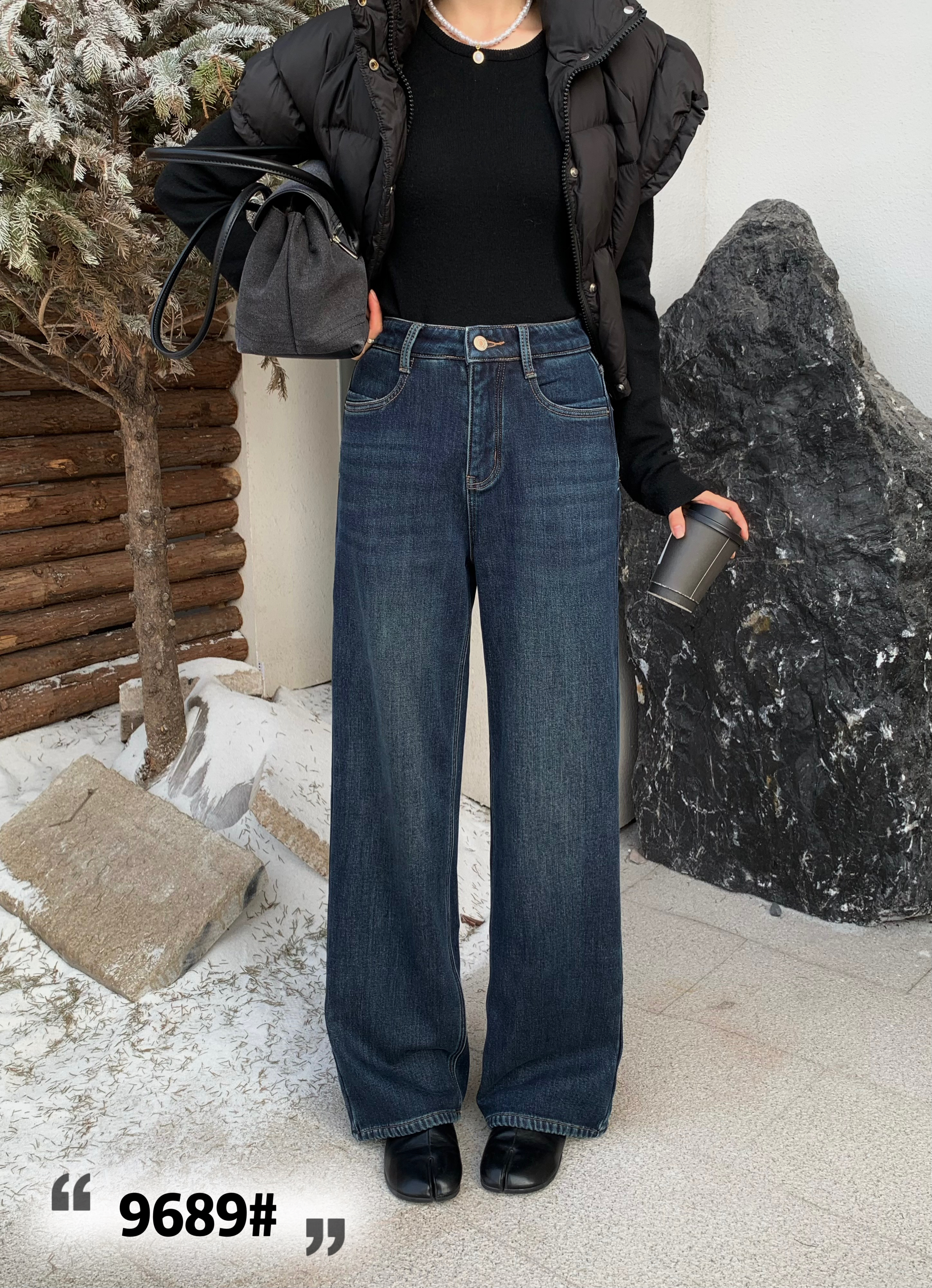 3NUX2025冬新款韩版简约百搭显瘦高品质休闲加绒牛仔裤阔腿裤