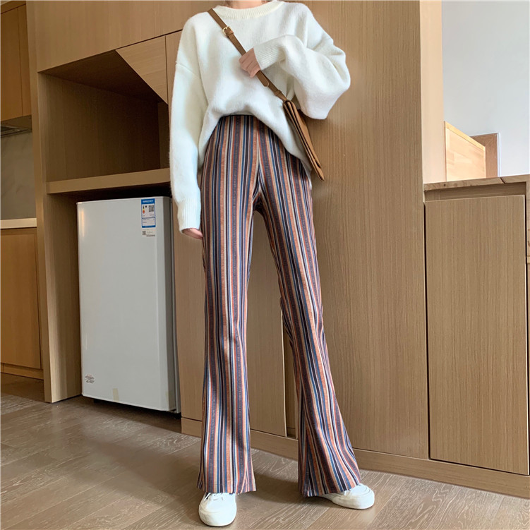 Real shot real price high waist striped flare pants in autumn and winter