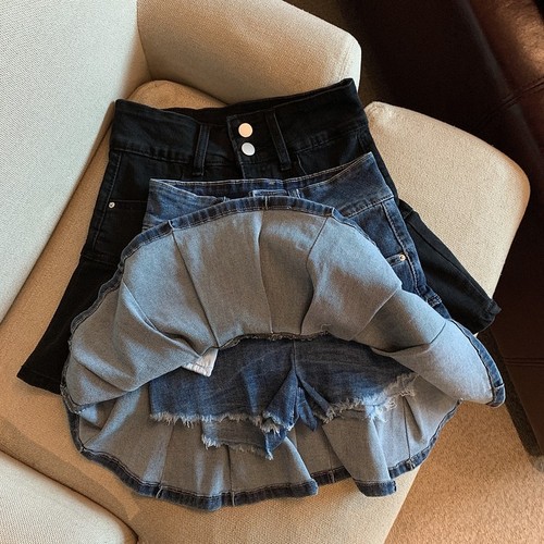 Real shooting real price fried street fashion hot girl pleated denim skirt high waist age reduction versatile Hip Wrap A-shaped skirt