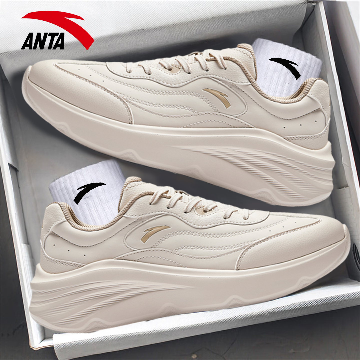 安踏漫波皮面女鞋秋冬厚底休闲鞋