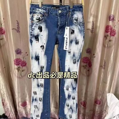 破洞补丁涂鸦字母印花轻奢牛仔裤男款潮牌泼墨修身小脚机车长裤子