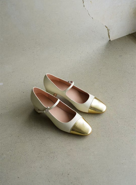 Weslien Rowe复古玛丽珍单鞋女圆头中跟牛皮拼色女鞋2024秋季新款