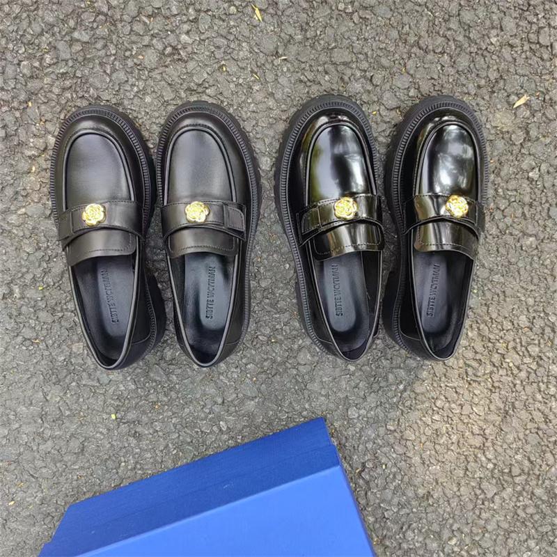 新款黑色山茶花小皮鞋厚底英伦风