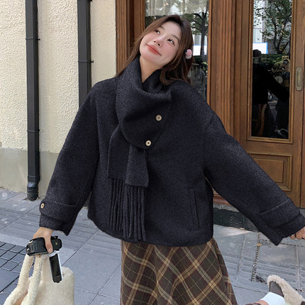 设计感围脖领双面羊绒大衣女小个子2024秋冬新款法式轻奢毛呢外套