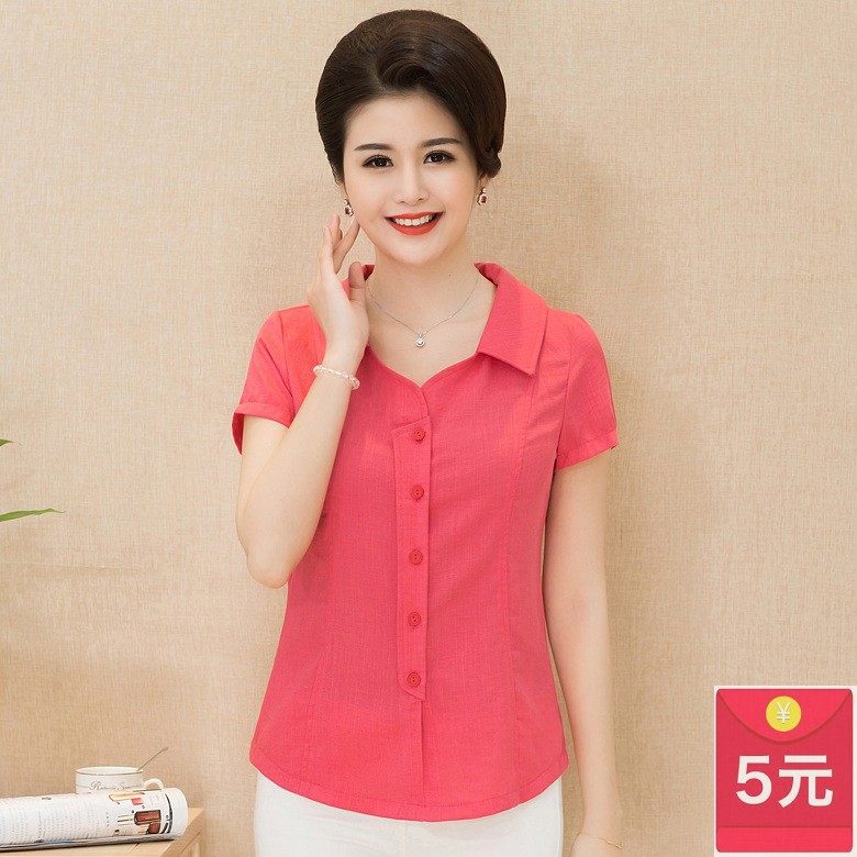 夏季女中老年妈妈装洋气修身加肥大码薄亚麻棉麻短袖衬衫上衣t恤