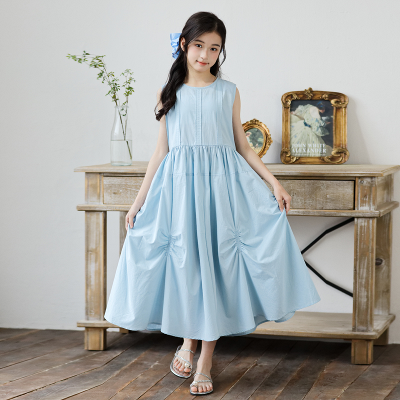 女童连衣裙夏装大儿童夏款背心度假裙子小女孩夏季蓝色沙滩公主裙