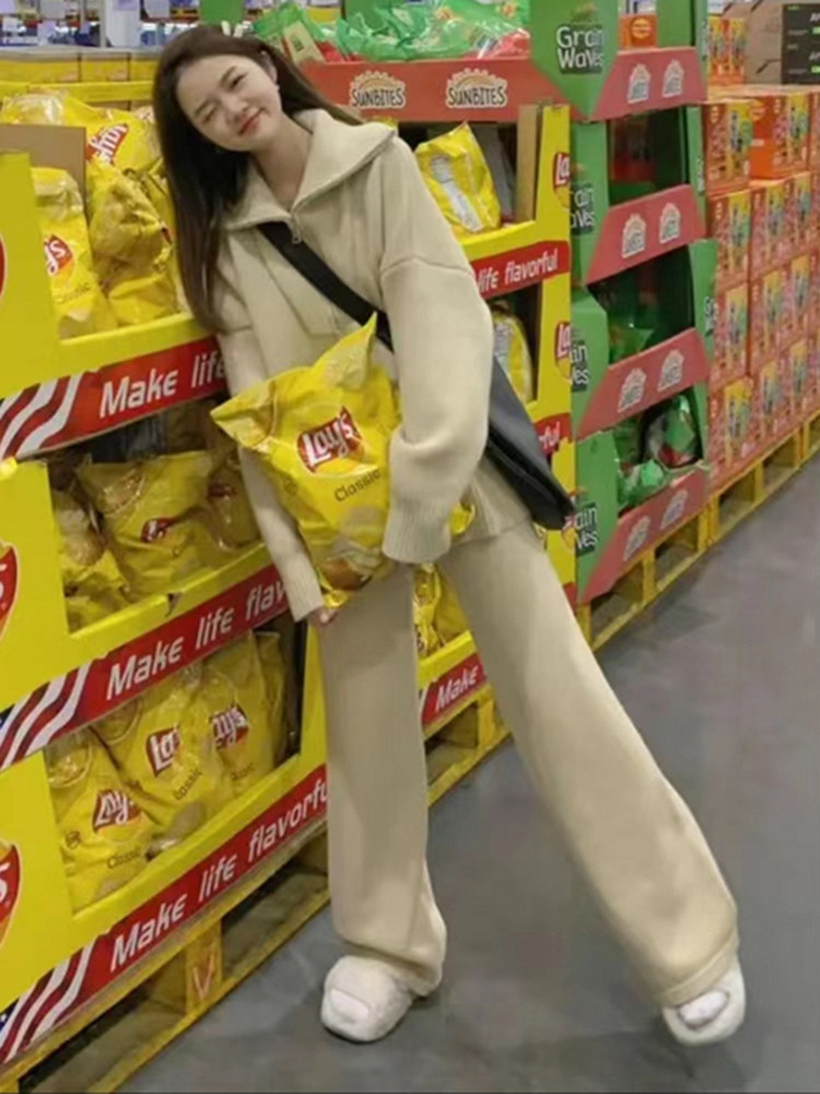 임산부 봄 니트 양복 기질 긴팔 패셔너블한 루즈핏 배를 덮는 팬츠 새로운 트렌드 엄마 투피스