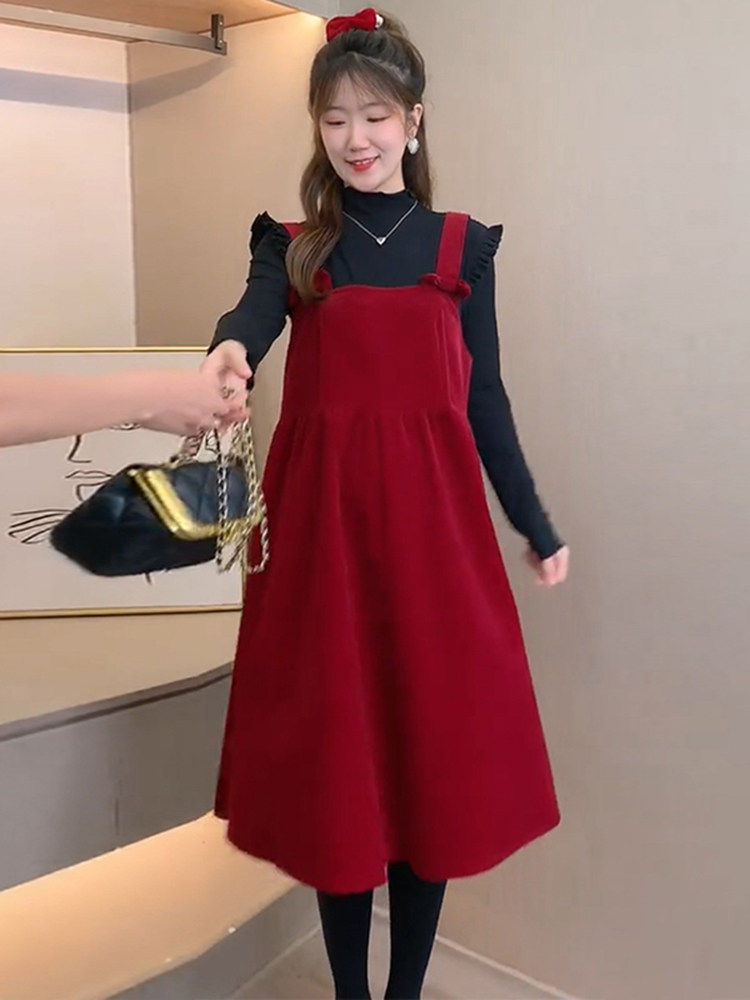 임부복 봄 가을 투피스 세트 배를 커버해주는 패셔너블한 한복조끼드레스 임산부를 위한 패셔너블한 아우터 연령감소세트