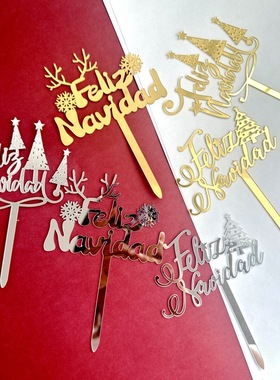 西语圣诞快乐亚克力蛋糕插件 鹿角雪花Feliz Navidad烘焙甜品插件