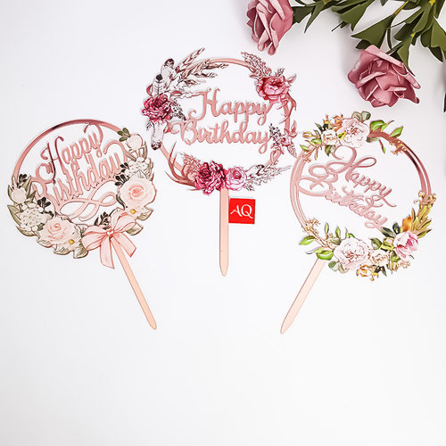 玫瑰金彩印花朵亚克力生日快乐