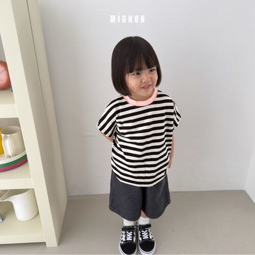 MIGNON男女小大童韩国童装代购26夏薄柔软撞色条纹圆领短袖T恤