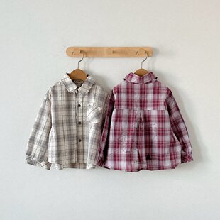 AKER格子衬衫韩国代购26春季新款男童女童长袖衬衫衬衣外套