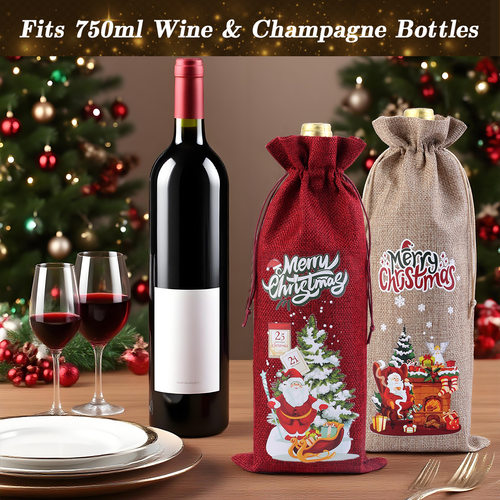 2025圣诞麻布束口袋红酒香槟包装袋圣诞节派对抽绳袋葡萄酒礼品袋