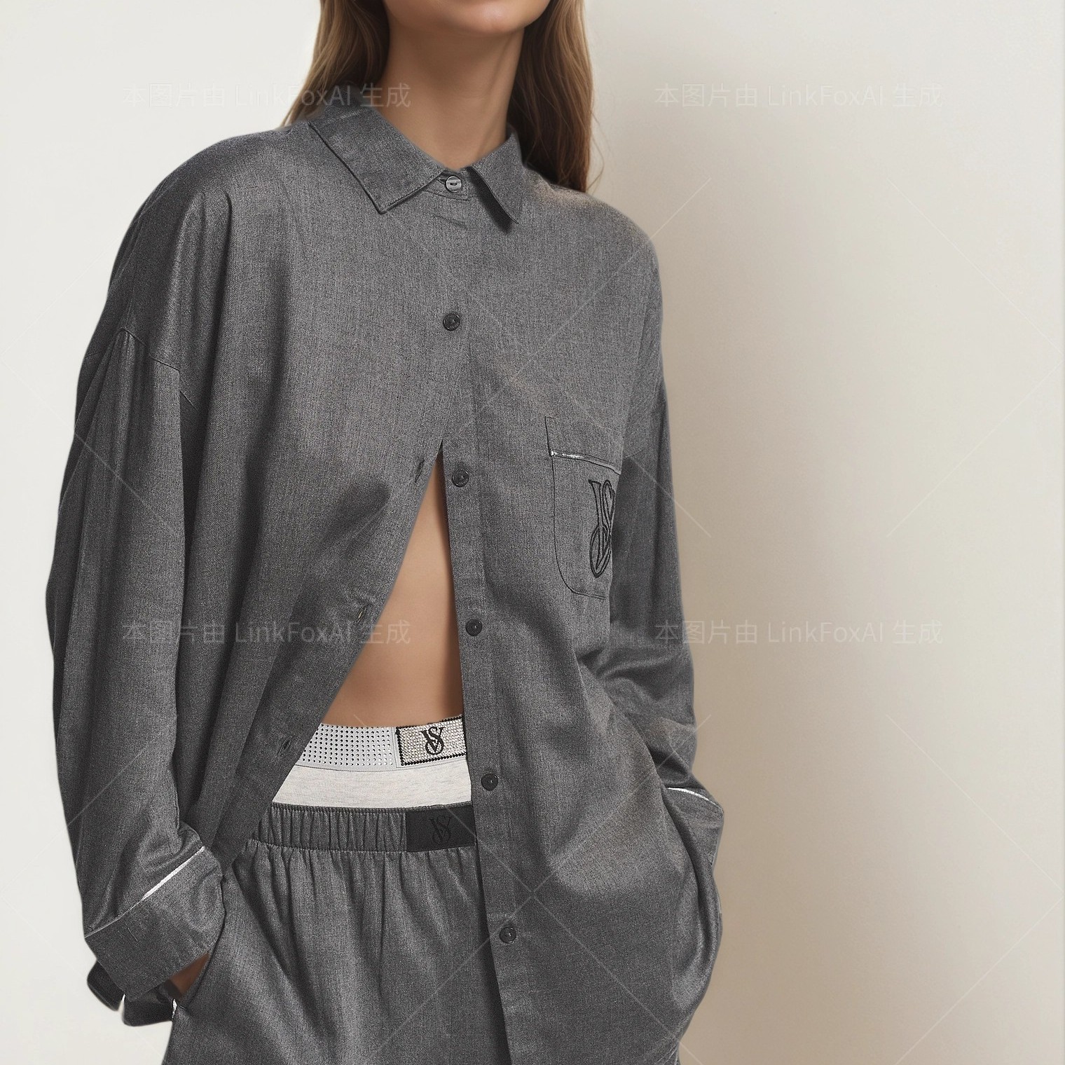 美国代购 维多利亚的秘密 纯棉法兰绒 宽松性感长袖短裤 睡衣套装