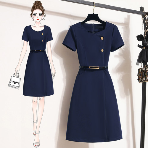 收腰显瘦方领A字连衣裙工作服女
