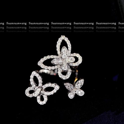 超美！满钻幻影蝴蝶三重奏戒指925银戒镀18k白金开口可调节婚戒女